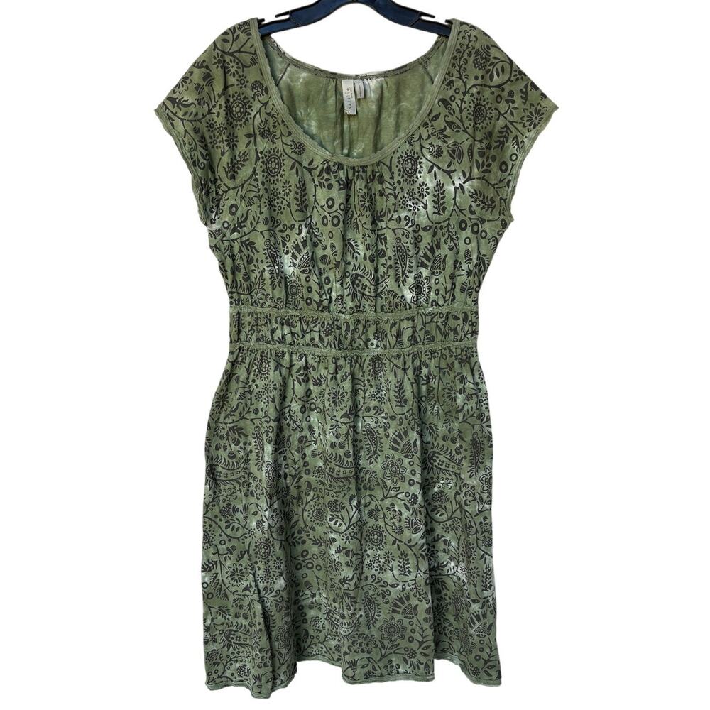Sahalie Olive Cotton Jersey Pullover Dress w Block Print Pattern, Tie Dye size L